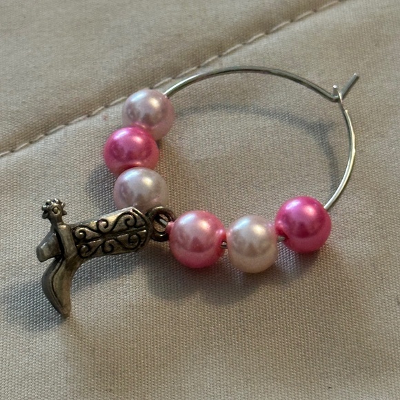 3/$15 Wine glass tag, stainless steel hoop, pink/white beads, cowboy boot charm - Picture 11 of 14